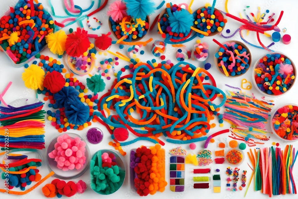 A vibrant set for children's crafts featuring pipe cleaners, beads, and colorful pom-poms, showcasing an array of different multi-colored supplies and materials for a lively DIY art activity for kids.