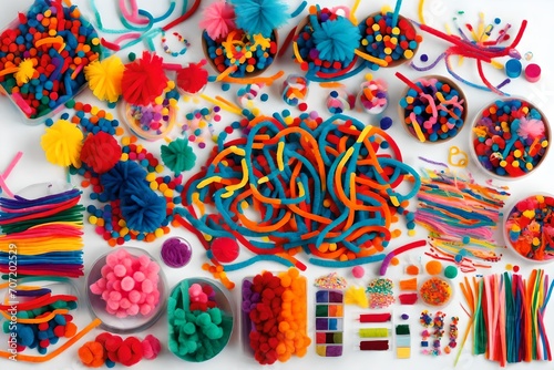 A vibrant set for children's crafts featuring pipe cleaners, beads, and colorful pom-poms, showcasing an array of different multi-colored supplies and materials for a lively DIY art activity for kids.