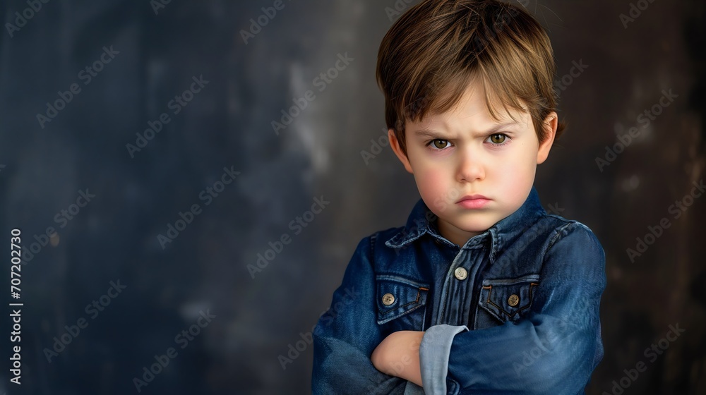 Mad male kid, angry little boy standing with his arms crossed, and looking at the camera with upset face expression. Unhappy toddler, studio shot, annoyed and frustrated child emotion Mad male kid, angry little boy standing with his arms crossed, and looking at the camera with upset face expression. Unhappy toddler, studio shot, annoyed and frustrated child emotion