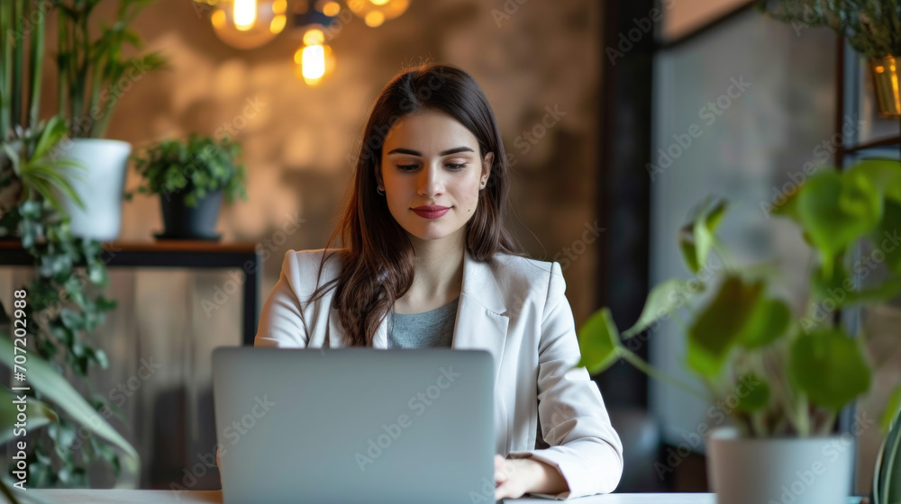 Russian businesswoman use a laptop in the modern office Russian businesswoman use a laptop in the modern office