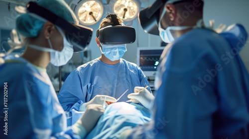 Professional surgeon in uniform and VR headset performs surgery on patient in modern clinic.