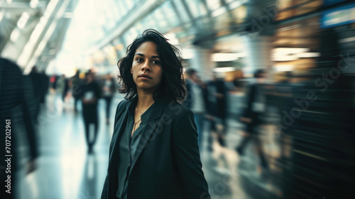 Confident businesswoman walking through a busy transit area, with a motion blur effect that suggests the fast pace of her surroundings.