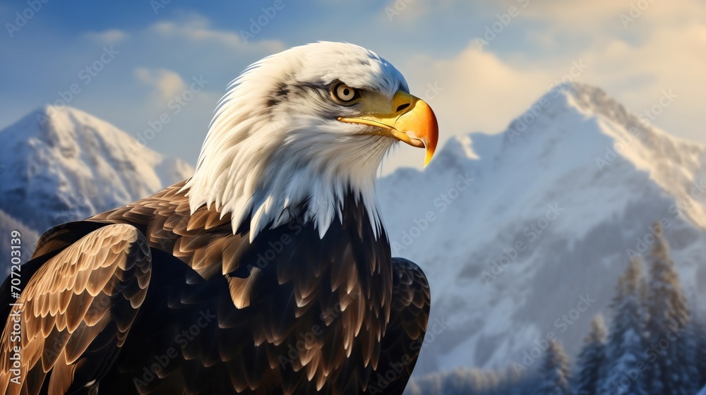 Obraz premium Close up photography of a beautiful bald eagle animal head in nature, snowy mountains in the background