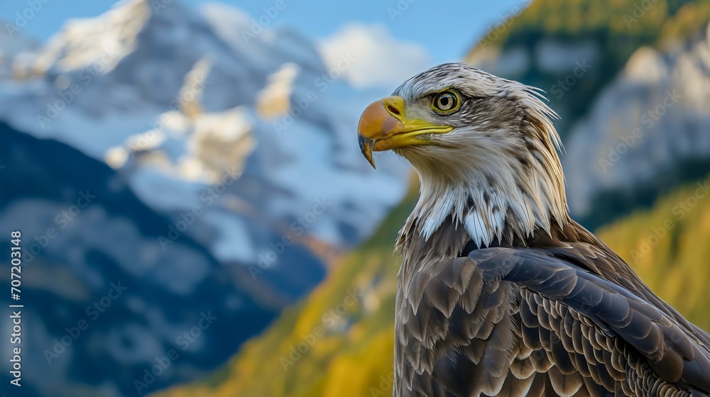 Obraz premium Close up photography of a beautiful bald eagle animal head in nature, rocky mountains in the background