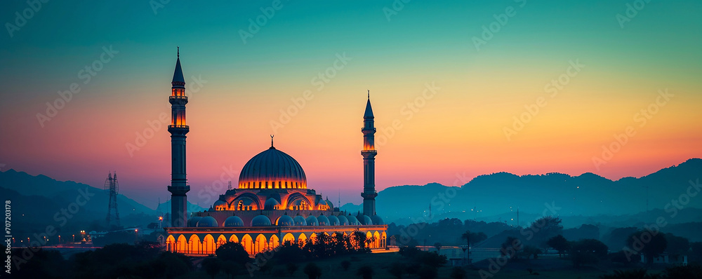 Obraz premium Mosques Dome: Nighttime Tranquility in Dark Blue Twilight, Architectural Elegance: Illuminated Mosques, Cityscape with Majestic in Twilight, Ramadan Night: Serenity in the Glow of Islamic Traditions 