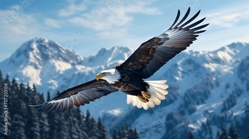 Flying bald eagle photography, snowy mountains in the background, soaring up in the air, sky flight, hunting 