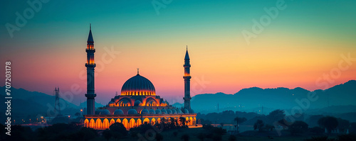 Mosques Dome: Nighttime Tranquility in Dark Blue Twilight,
Architectural Elegance: Illuminated Mosques,
Cityscape with Majestic  in Twilight, Ramadan Night: Serenity in the Glow of Islamic Traditions
