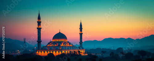 Mosques Dome: Nighttime Tranquility in Dark Blue Twilight, Architectural Elegance: Illuminated Mosques, Cityscape with Majestic in Twilight, Ramadan Night: Serenity in the Glow of Islamic Traditions 