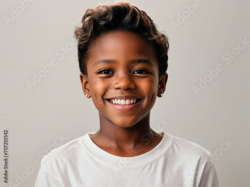 Cheerful 5-Year-Old Black Boy Model with Blond Hair, Sporting a White T-Shirt, Positively Radiating Joy on a Flawless White Background
