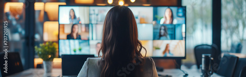 a woman in an office in meeting with work colleague using the pc video conference