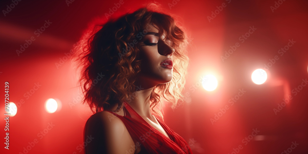 Portrait of a young beautiful curly-haired girl, wearing a red dress on stage, in red light. High quality photo Portrait of a young beautiful curly-haired girl, wearing a red dress on stage, in red light. High quality photo