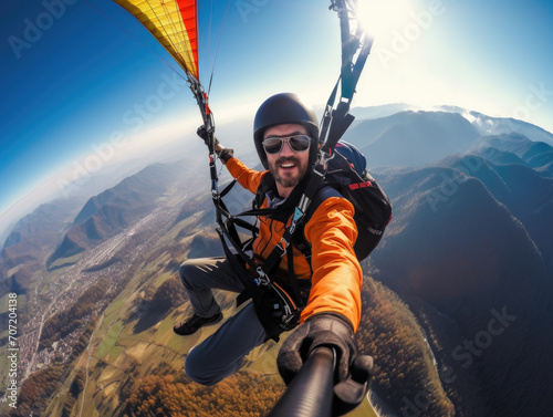 Happy man enjoying free fall from a height, jumping using a parachute