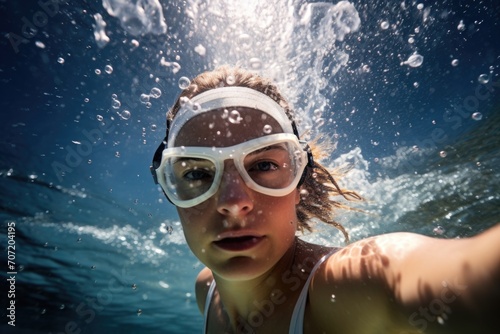 Woman swimming underwater in blue water © Instacraft.Studio
