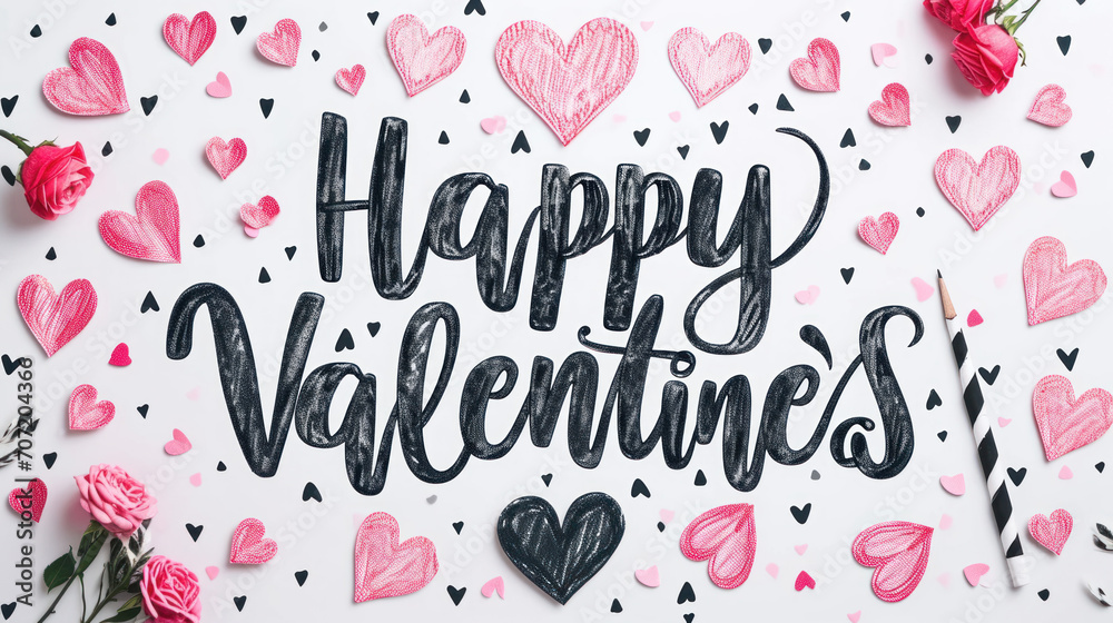 carte de souhait pour la saint-valentin décoré de petits cœurs avec le texte : "Happy Valentines day" - obrazy, fototapety, plakaty 