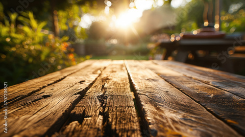 Close-up of a rustic wooden table top with a blurred background of a garden and warm sunlight filtering through the leaves.