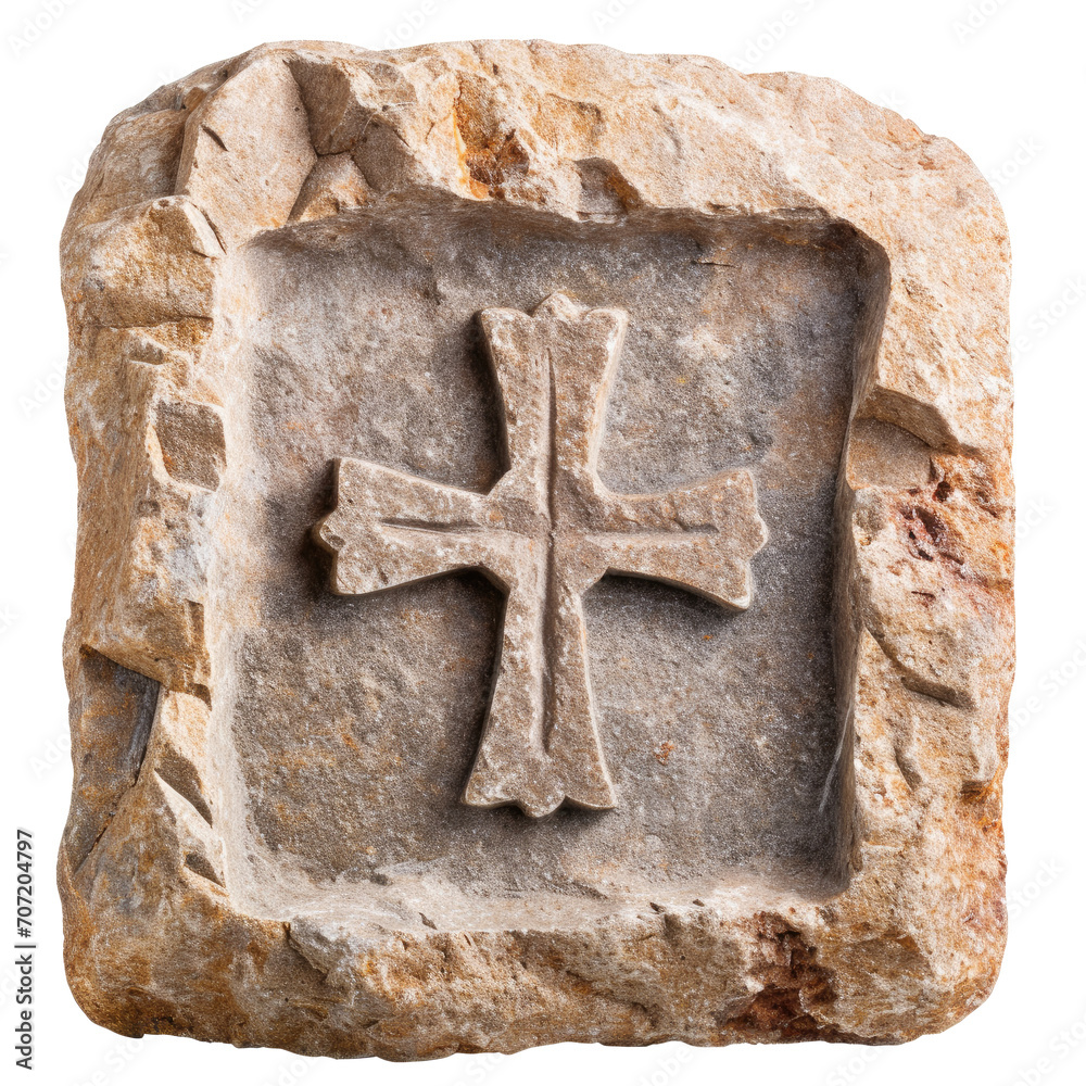 Stone cross of the Christian faith is placed on a stone surface, cut out - stock png.