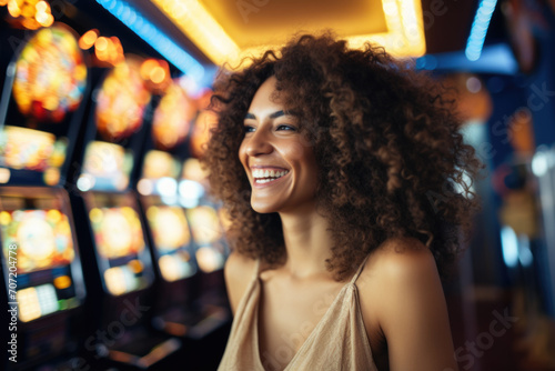 Radiant young black woman enjoying her time amidst vibrant slot machines at the casino photo
