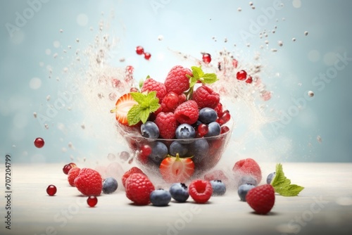 Fresh juicy berries strawberry, blackberry, blueberry in a glass bowl on blue background