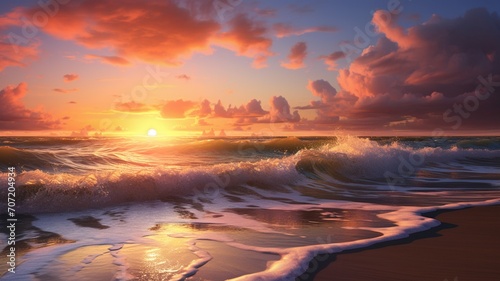 Beach sunset sea wave wallpaper AI Generated art