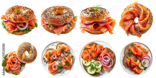 Set of bagel and lox in 3d without backoground png for decoration. Created using generative AI. photo
