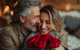 An design, ad for valentines day. senior couple hugging. love, happy, caring. Celebration, hoiday. spending time together, evening. lights. lifing room. old people