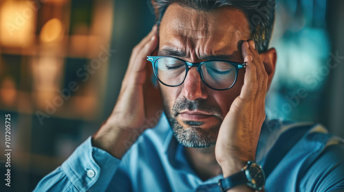 Middle-aged man experiencing a headache, evident by his pained expression and hands pressed against his temples.