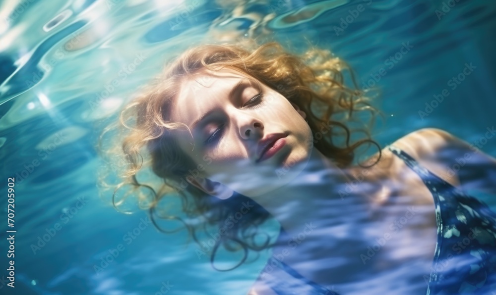 Woman swimming relaxing underwater in blue water