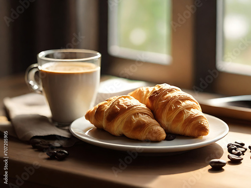 Croissand and coffee breakfast on a table with morning light, AI geneated image photo