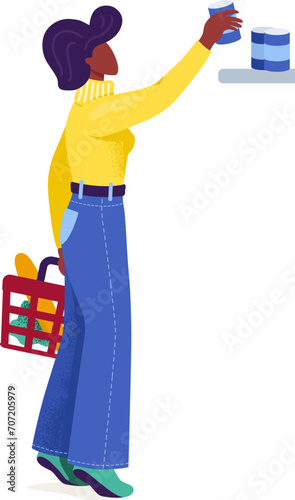 African American woman shopping, reaching for items on high shelf. Stylish shopper with basket, grocery shopping theme. Colorful and modern lifestyle vector illustration.