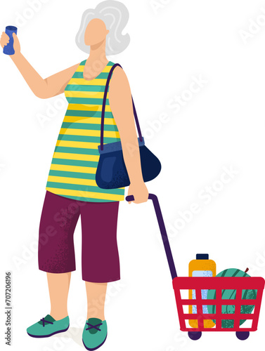 Senior woman shopping with a trolley full of groceries and checking a list. Elderly female with a shopping cart in casual clothes. Daily routine of retirees vector illustration.