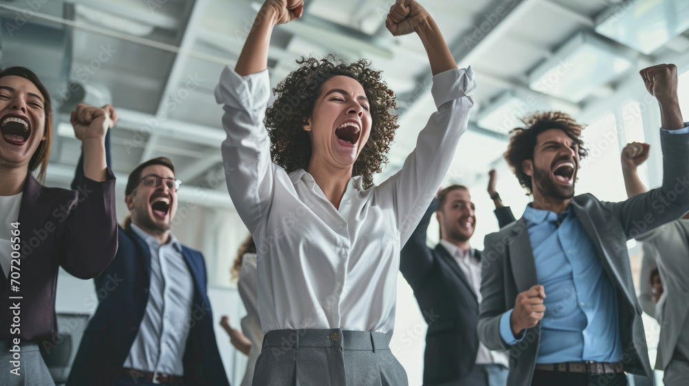 Joyful office workers are celebrating a success with their hands raised in the air and big smiles on their faces in a bright, modern office space. Joyful office workers are celebrating a success with their hands raised in the air and big smiles on their faces in a bright, modern office space.