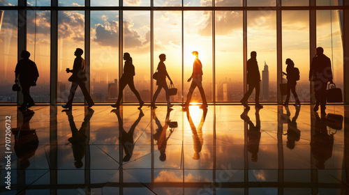 Airport terminal during sunset with passengers silhouetted against the bright windows