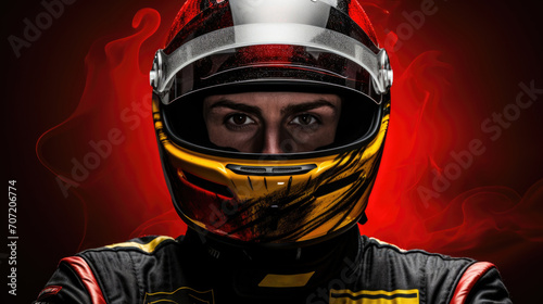 Close up photo of a racer wearing a helmet as protection