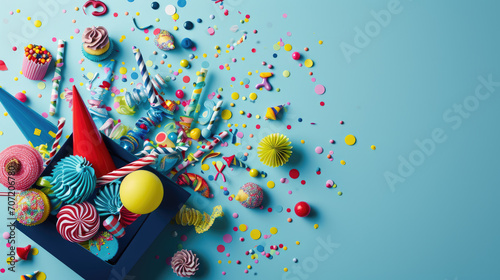 Assortment of colorful party items such as hats, cupcakes, candies, and confetti scattered on a blue background