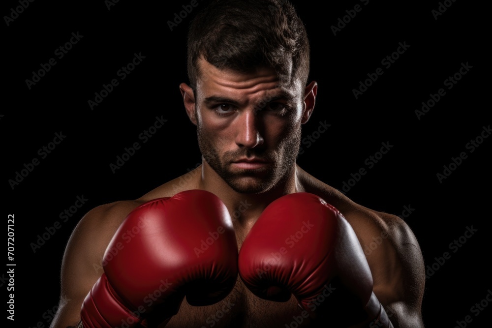 Young male boxer fighter is posing against a black background