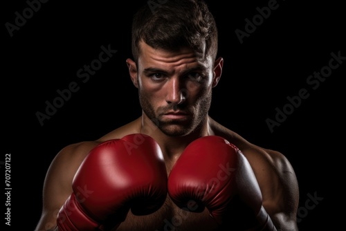 Young male boxer fighter is posing against a black background