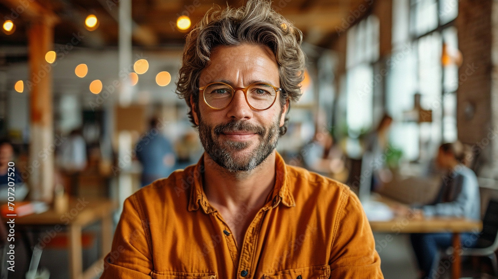 A high-energy shot capturing a stylish man multitasking in a modern open-plan office, surrounded by colleagues, technology, and sleek furniture, showcasing the hustle and dynamism