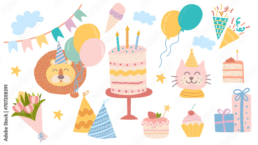 Set of cute birthday elements. Vector illustration in a flat style.