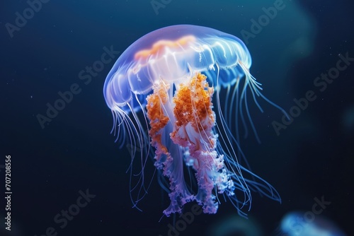 Glowing jellyfish swimming in deep ocean waters © furyon