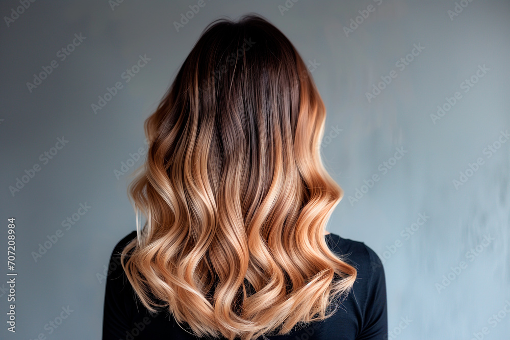 Fototapeta premium Woman from the back with balayage ombre hair dye technique, featuring a gradual transition from darker roots to lighter ends