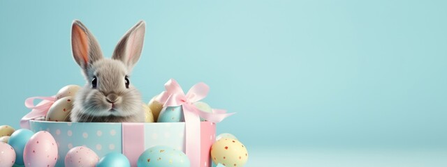 Funny easter concept holiday animal celebration greeting card - Cool cute easter bunny, rabbit sitting in gift box with pastel easter eggs, isolated on blue background