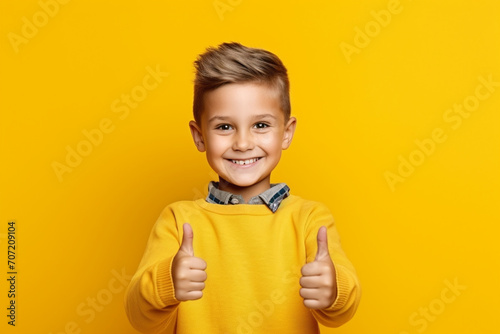 Portrait of a cheerful smiling boy of 10 years old on a yellow background.