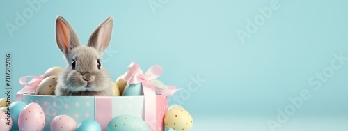 Funny easter concept holiday animal celebration greeting card - Cool cute easter bunny, rabbit sitting in gift box with pastel easter eggs, isolated on blue background