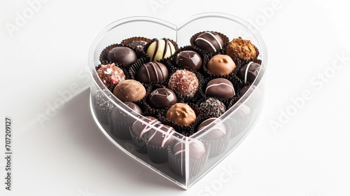 A luxurious box of gourmet truffles, each piece a work of art, arranged in a heart-shaped box with a transparent lid, revealing the tempting chocolates inside 