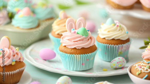 Easter-themed cupcakes and cookies on a pastel-colored table setting