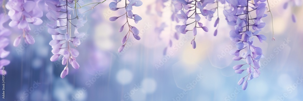 wisteria bloom in shades of purple and lilac, gracefully hanging against a blue sky background wisteria bloom in shades of purple and lilac, gracefully hanging against a blue sky background