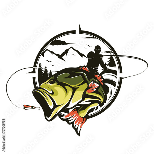 Bass Fishing tournament logo template vector. Bass Fish Jumping Illustration Logo design vector