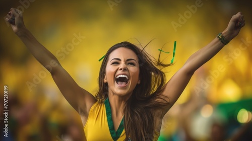 Female soccer fans in yellow Brazilian shirts at the stadium cheer and raise both hands celebrating victory