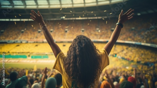 Female soccer fans in yellow Brazilian shirts at the stadium cheer and raise both hands celebrating victory