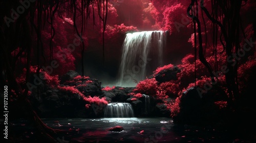 A cascading waterfall framed by foliage aglow in shades of crimson, where mysterious black ripples distort the serene surface of the pool below.
